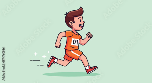 Young boy running in an orange uniform with number 01.