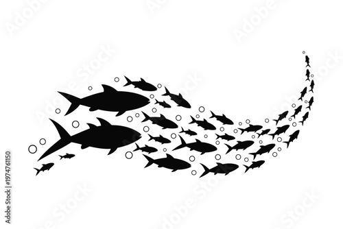 School of Fish Swimming in Unison Creating a Dynamic Wave Pattern, Black and White Illustration, Underwater Scene, Marine Life, Nature Art