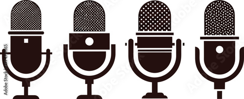 Four vintage-style microphones with different grille patterns are displayed on a white.