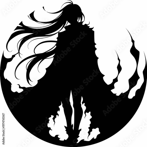 Anime girl silhouette, black flames, vector illustration, dark fantasy, manga style