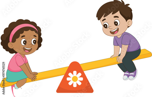Vector illustration of a young girl and boy playing on a yellow seesaw with a flower motif at the playgroun