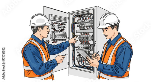 Two workers in blue uniforms inspecting electrical panel