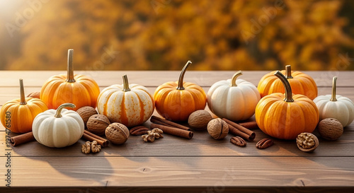 Autumn Pumpkins and Nuts on Wood