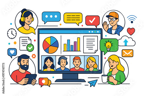 A digital illustration depicting remote team collaboration through video conferencing technology