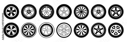 Black rubber wheels and tires vector illustration, showing car and motorcycle tires with tread patterns, dirty tracks, and racing wheels, suitable for automotive, road maintenance, and vehicle design