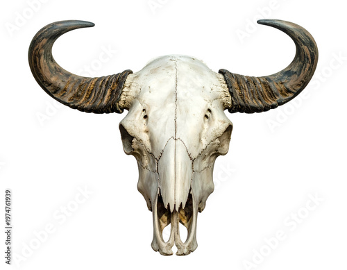 Ancient buffalo skull with large, curved horns
