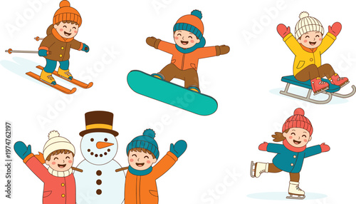 Happy children character set enjoying winter outdoor activities including skiing snowboarding sledding building a snowman and ice skating vectoractivities 