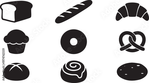 Set of various baked goods including bread, croissant, muffin, donut, pretzel and more