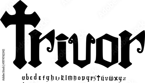TRIVOR Gothic Medieval Display Font Alphabet – Blackletter Decorative Typeface with Cross-Inspired Letterforms for Fantasy Branding, Logo Design, and Classic Dark Typography Projects