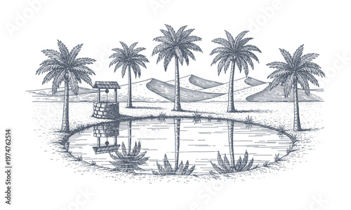 Desert oasis with palm trees and water well vector sketch landscape illustration.
