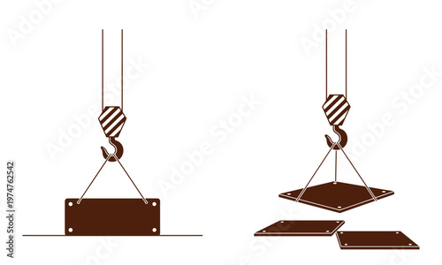Industrial crane hook lifting heavy steel plates vector flat icons set brown.