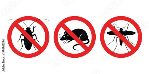 Black silhouette of insect pests with stop insects sign, mosquito, rat, cockroach, and flea inside red forbidding circle, vector illustration representing pest control, hygiene, and prevention concept