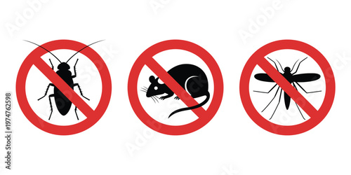 Black silhouette of insect pests with stop insects sign, mosquito, rat, cockroach, and flea inside red forbidding circle, vector illustration representing pest control, hygiene, and prevention concept
