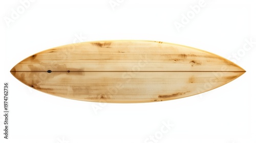 Classic wooden surfboard with smooth natural finish and symmetrical shape isolated on white background