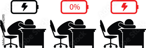 Low Battery Exhausted Worker Concept, Tired Office Employee Energy Drain Vector Illustration Set
