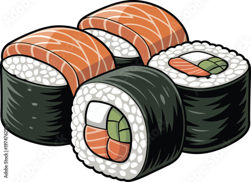 Sushi Rolls and Salmon Nigiri Vector Illustration PNG JPG for Restaurant Menu and Food Delivery