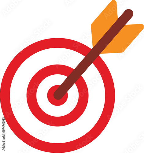Red target with brown arrow and orange fletching, hitting bullseye