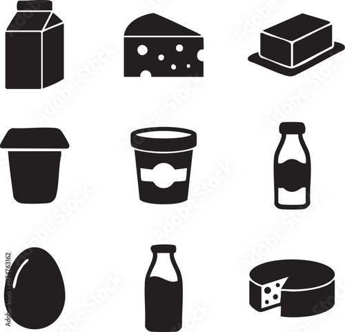 Assortment of essential dairy products and farm fresh food items in a collection of minimalist black and white icons