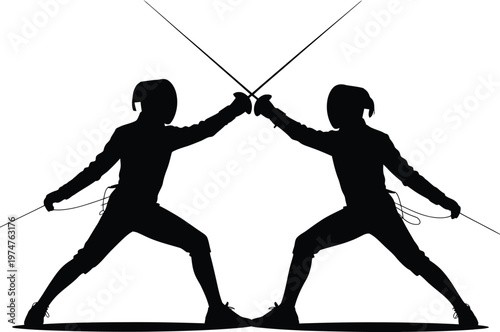 Two fencers engaged in a duel with swords and protective gear