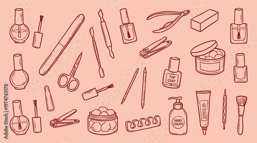 Manicure Tools Collection Hand Drawn Sketch Style Nail Care Essentials and Beauty Products on Pastel Background