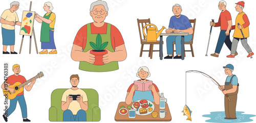 Diverse set of people enjoying various hobbies including painting gardening walking playing guitar gaming eating fishing and reading vector