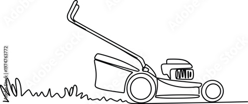 Continuous one line drawing of lawn mower machine, gardening equipment for backyard grass maintenance vector