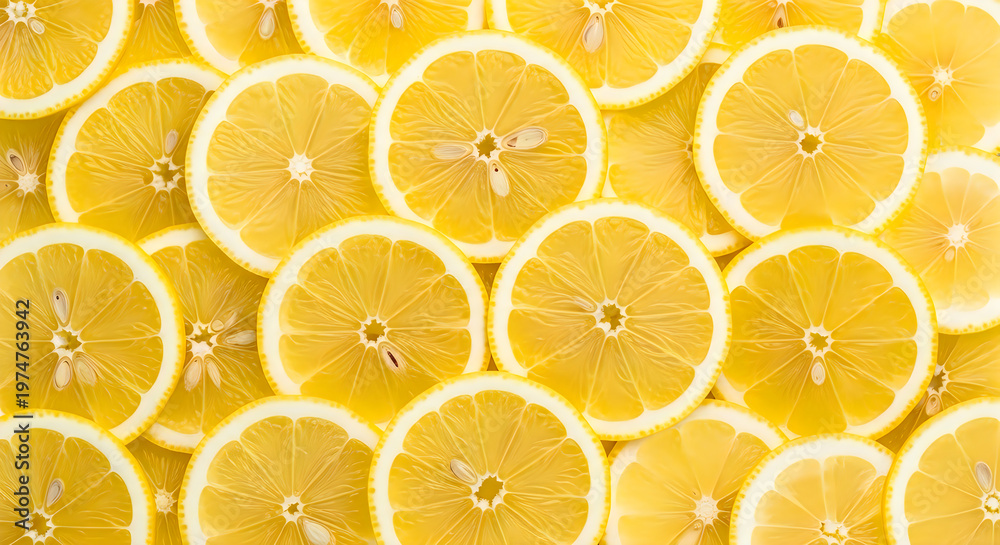 Obraz premium Fresh Yellow Lemon Slices Background Pattern Top View