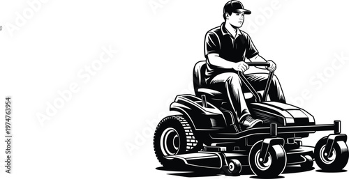 Man driving riding lawn mower machine for garden maintenance, professional landscaping service vector black illustration