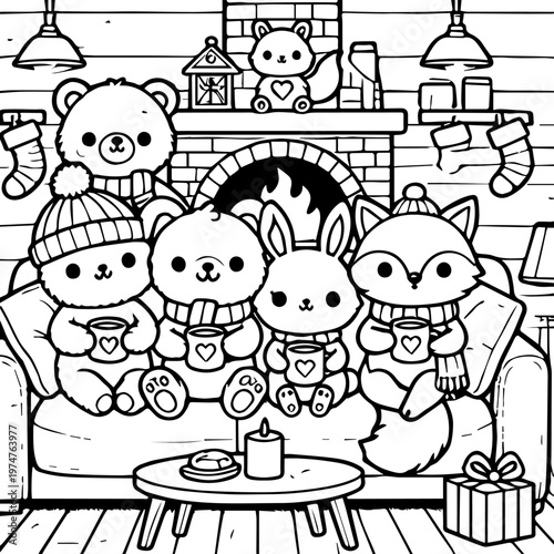 Cute Woodland Animals Christmas Gathering Line Art - Cozy Cabin Fireplace Coloring Page