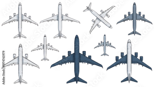 Vector CAD design of various airplanes in different shades and angles