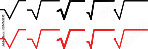 Square Root Symbol Set Vector Illustration, Math Radical Sign Collection in Black and Red