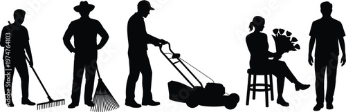 Professional gardener silhouettes set, people working with lawn mower and rakes for landscaping service