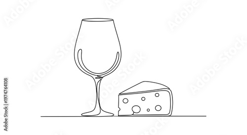 Monochrome contour drawing of wine glass and cheese wedge, black outlines on transparent background, representing gourmet dining and romantic relaxation