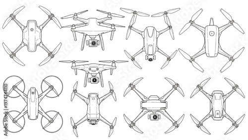 Various vector CAD design drone models illustrated in different angles and positions