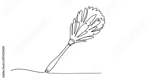Stylized linear drawing of feather duster, black outlines on transparent background, representing household maintenance and surface cleaning