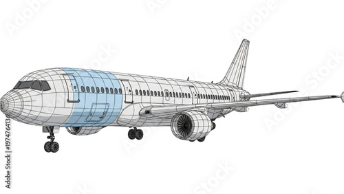 Vector CAD design of a large airplane in blue and white colors