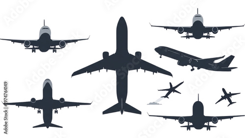 Vector CAD design of airplanes in various flight positions and angles