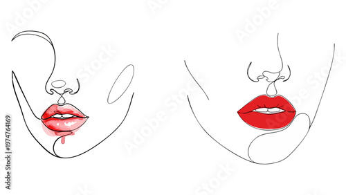 Face Line Drawing with Emphasized Lips, Minimal Beauty Branding Monoline Illustration