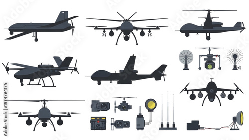 Military drones and various vector CAD design aircraft models on display