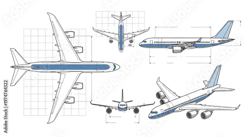 Vector CAD design of a blue and white airplane with multiple views
