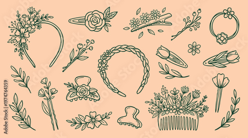 Hand drawn floral hair accessories collection including headbands barrettes and combs with botanical elements on a peach background