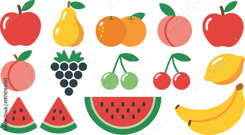 Colorful fresh fruit vector icon set featuring apple pear orange peach grapes cherry lemon watermelon and banana isolated on white background