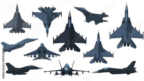Various military fighter jets in vector CAD design for technology enthusiasts