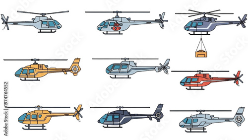 Foto Vector CAD design showcases various helicopters in flight.
