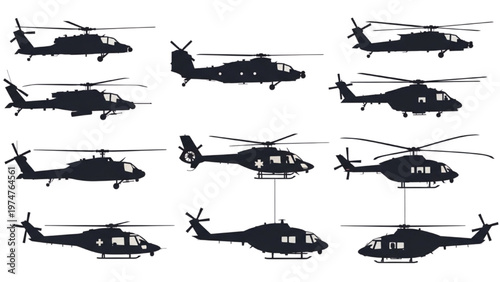 Vector CAD design of various helicopter silhouettes in flight