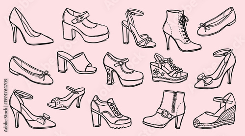 Collection of diverse women's footwear sketches including heels boots sandals and flats on a pink background