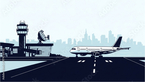 Airplane taking off from runway near airport vector CAD design terminal