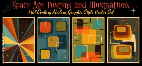 Space Age Posters and Backgrounds. Mid Century Modern Graphic Style Vector Set from the 1950s. Templates for Retro Party, Event Poster, Atomic Age Style, Space Age Design, Abstract Shapes, 1950s Color
