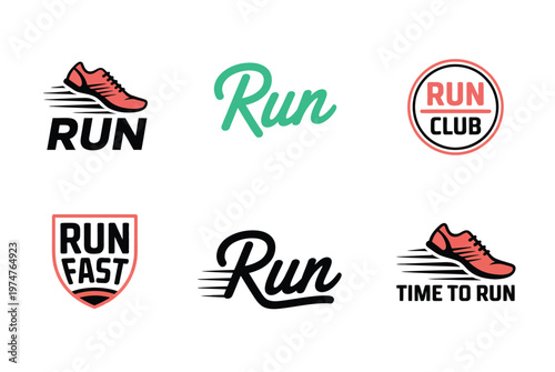 Running shoe logos with dynamic and motivational slogans in vibrant colors, vector illustrations representing fitness, sports, active lifestyle
