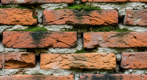 Weathered Brick Wall with Moss Growth